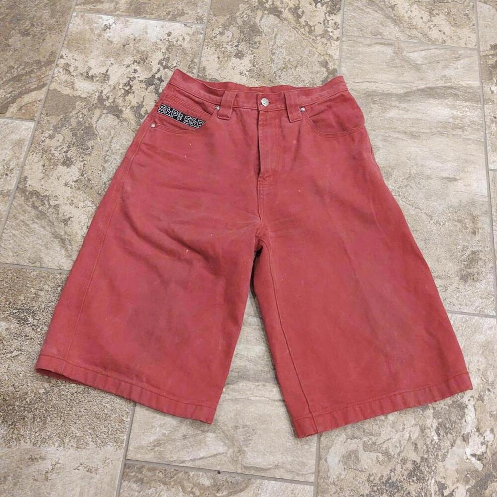 2000s Red South Pole baggy shorts w/ y2k style Tech embroidered back pockets